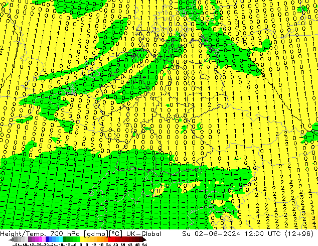 Height/Temp. 700 hPa UK-Global Su 02.06.2024 12 UTC