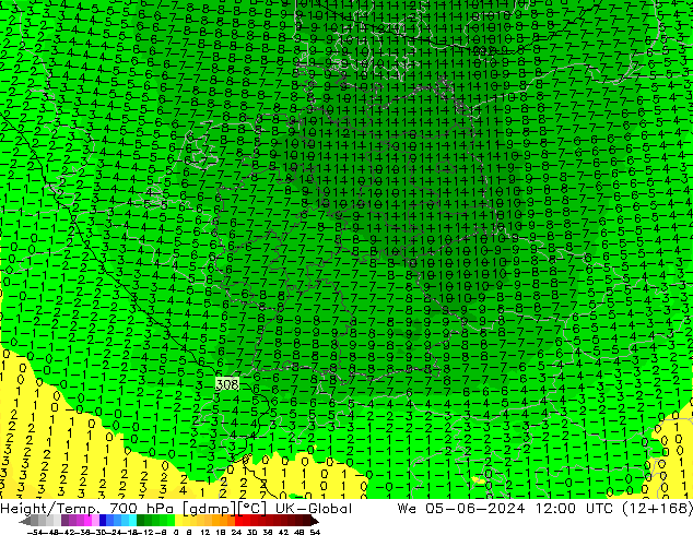 Height/Temp. 700 hPa UK-Global mer 05.06.2024 12 UTC