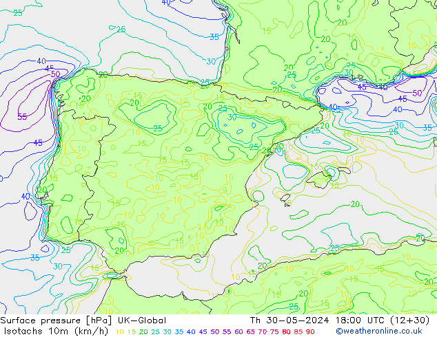 Isotachs (kph) UK-Global Čt 30.05.2024 18 UTC