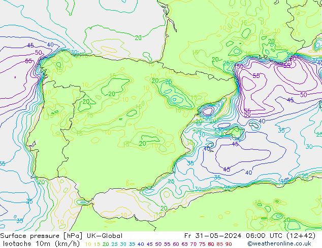 Isotachs (kph) UK-Global Fr 31.05.2024 06 UTC