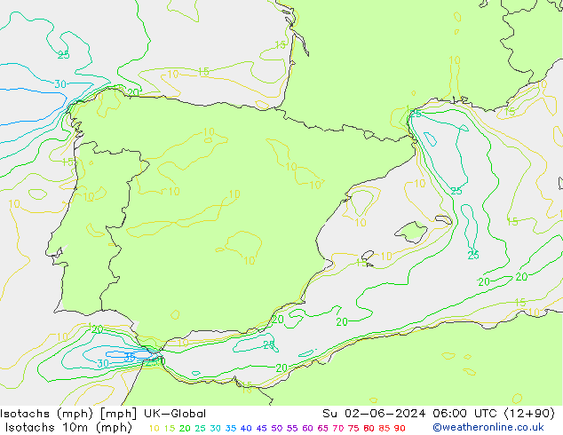 Isotachen (mph) UK-Global zo 02.06.2024 06 UTC