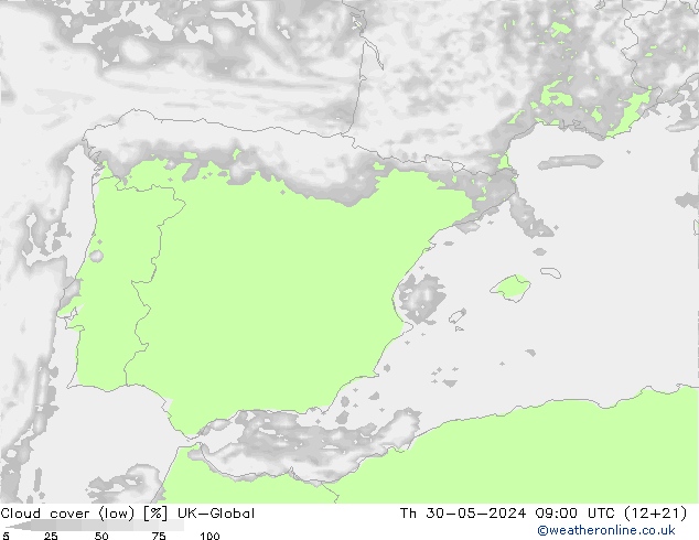 Cloud cover (low) UK-Global Th 30.05.2024 09 UTC