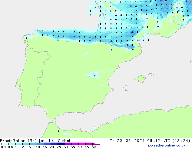 Precipitation (6h) UK-Global Th 30.05.2024 12 UTC