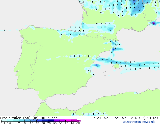 Totale neerslag (6h) UK-Global vr 31.05.2024 12 UTC