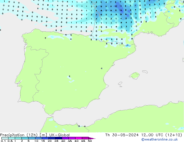 Precipitation (12h) UK-Global Th 30.05.2024 00 UTC