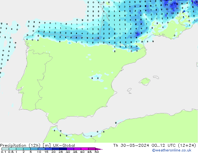 Precipitation (12h) UK-Global Th 30.05.2024 12 UTC