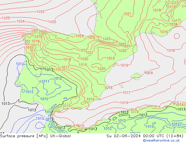 Presión superficial UK-Global dom 02.06.2024 00 UTC