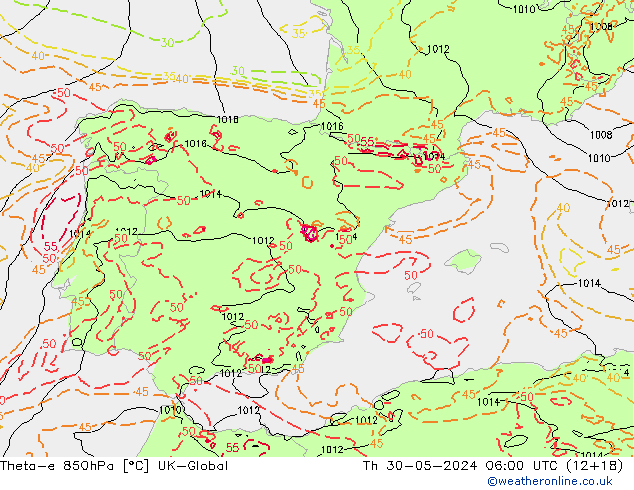 Theta-e 850hPa UK-Global Th 30.05.2024 06 UTC