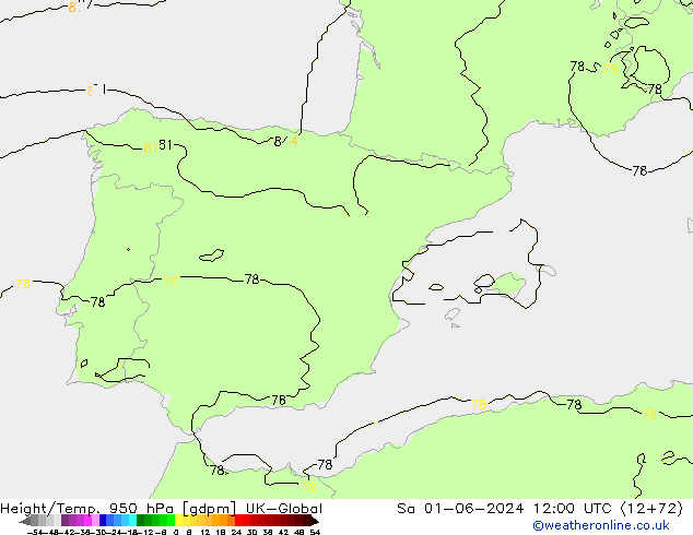 Height/Temp. 950 hPa UK-Global Sáb 01.06.2024 12 UTC