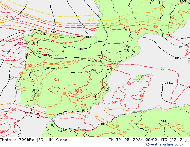 Theta-e 700hPa UK-Global Per 30.05.2024 09 UTC
