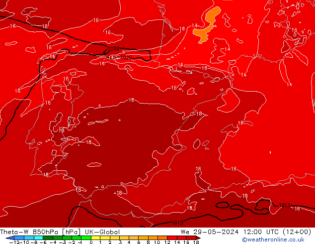 Theta-W 850hPa UK-Global Qua 29.05.2024 12 UTC