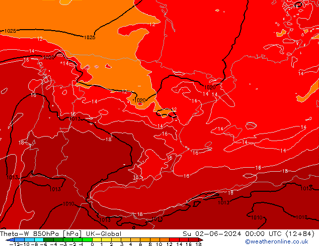 Theta-W 850hPa UK-Global dim 02.06.2024 00 UTC