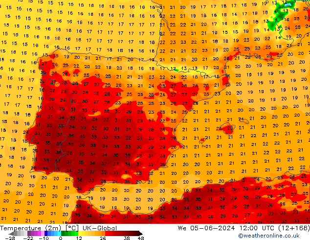 Temperatura (2m) UK-Global mié 05.06.2024 12 UTC