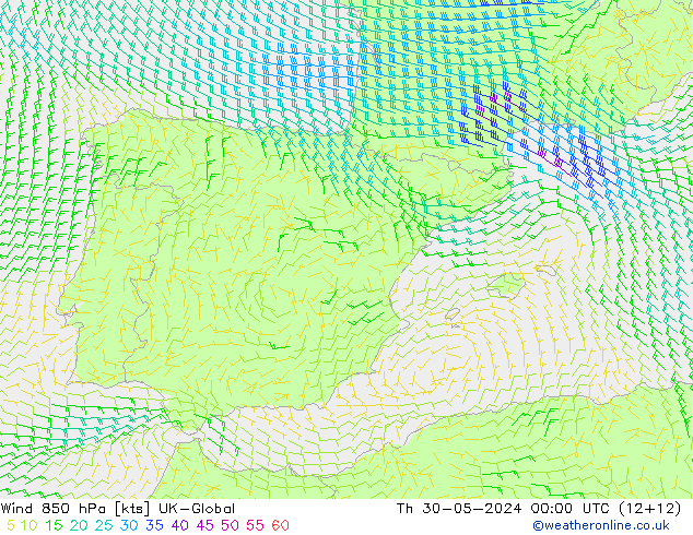 wiatr 850 hPa UK-Global czw. 30.05.2024 00 UTC