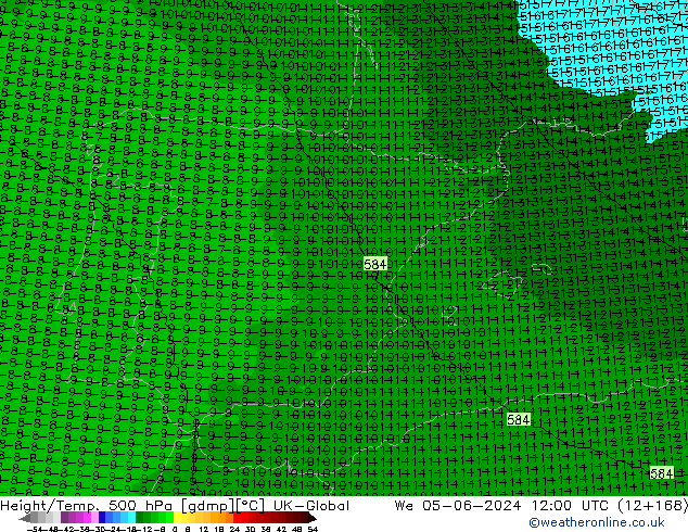 Height/Temp. 500 hPa UK-Global mer 05.06.2024 12 UTC