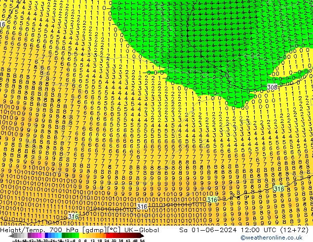 Height/Temp. 700 hPa UK-Global so. 01.06.2024 12 UTC