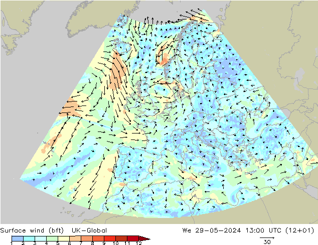 Vento 10 m (bft) UK-Global mer 29.05.2024 13 UTC