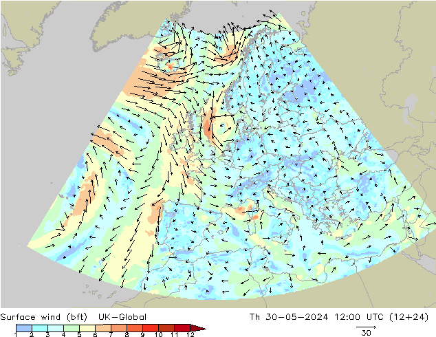 Surface wind (bft) UK-Global Th 30.05.2024 12 UTC