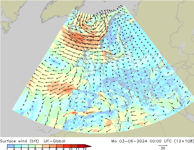 Viento 10 m (bft) UK-Global lun 03.06.2024 00 UTC