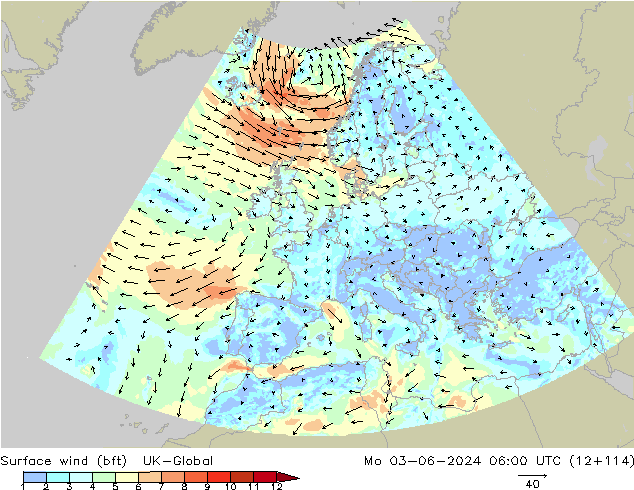 Viento 10 m (bft) UK-Global lun 03.06.2024 06 UTC