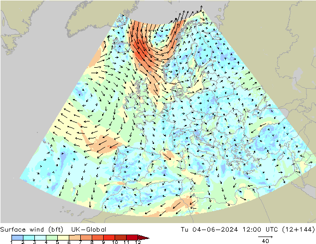 Viento 10 m (bft) UK-Global mar 04.06.2024 12 UTC