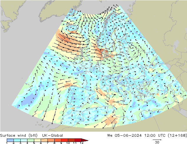 Surface wind (bft) UK-Global St 05.06.2024 12 UTC
