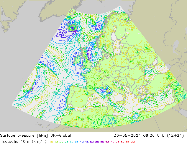 Isotachs (kph) UK-Global  30.05.2024 09 UTC