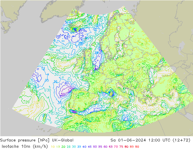 Isotachs (kph) UK-Global Sa 01.06.2024 12 UTC