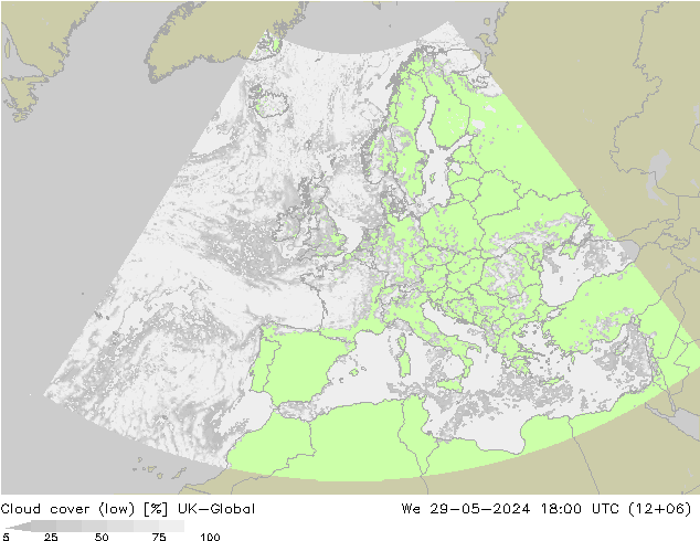 Cloud cover (low) UK-Global We 29.05.2024 18 UTC