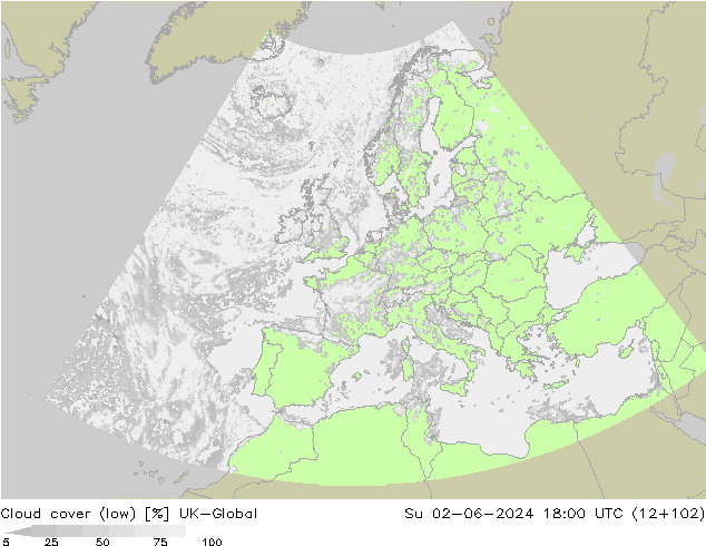 Cloud cover (low) UK-Global Su 02.06.2024 18 UTC