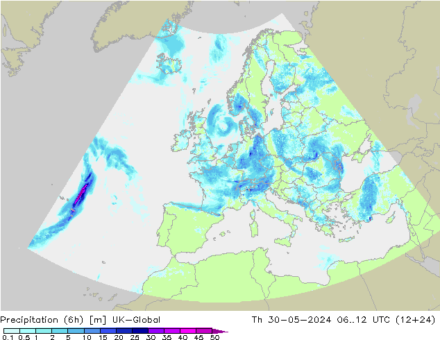 Precipitation (6h) UK-Global Čt 30.05.2024 12 UTC