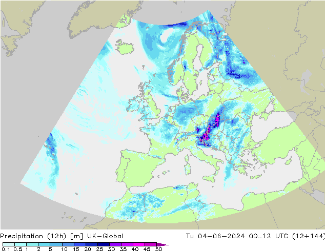 Precipitation (12h) UK-Global Út 04.06.2024 12 UTC