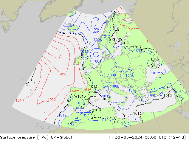 Surface pressure UK-Global Th 30.05.2024 06 UTC