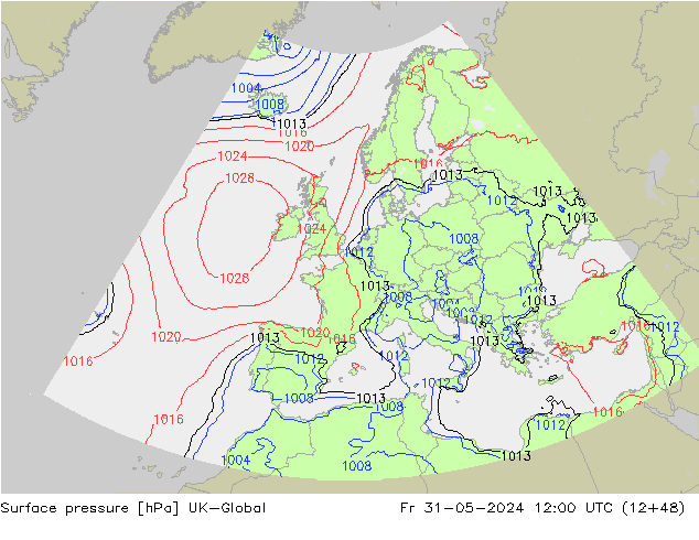 Pressione al suolo UK-Global ven 31.05.2024 12 UTC