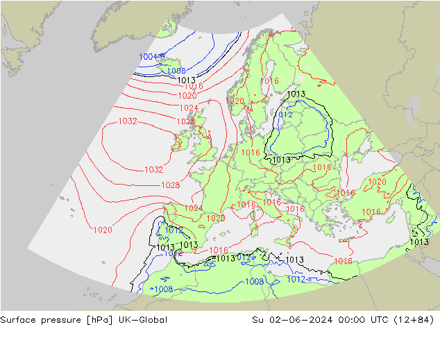 Pressione al suolo UK-Global dom 02.06.2024 00 UTC