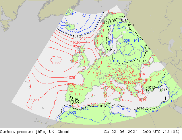 Pressione al suolo UK-Global dom 02.06.2024 12 UTC