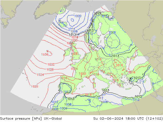 Pressione al suolo UK-Global dom 02.06.2024 18 UTC