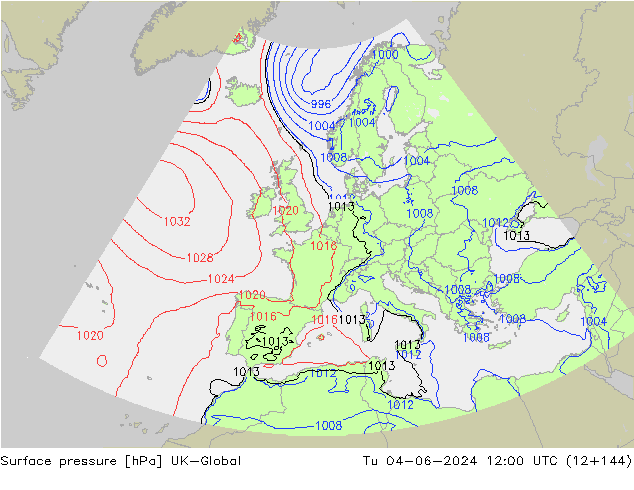 Surface pressure UK-Global Tu 04.06.2024 12 UTC