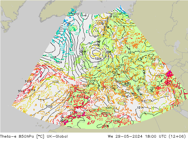 Theta-e 850hPa UK-Global We 29.05.2024 18 UTC