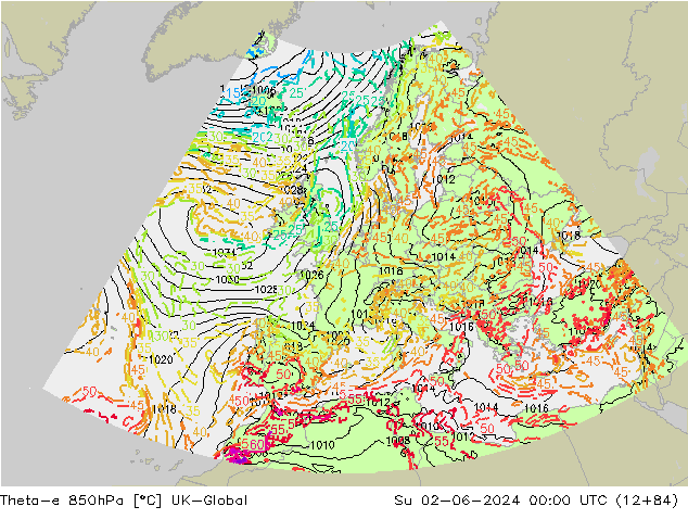 Theta-e 850hPa UK-Global So 02.06.2024 00 UTC