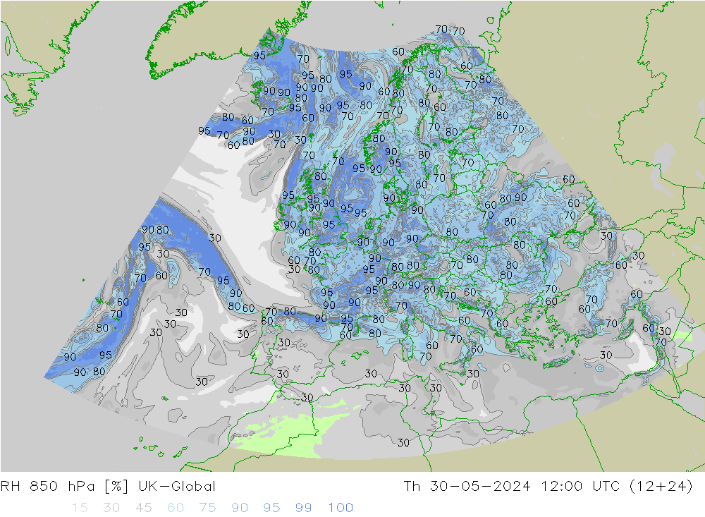 RH 850 hPa UK-Global Th 30.05.2024 12 UTC