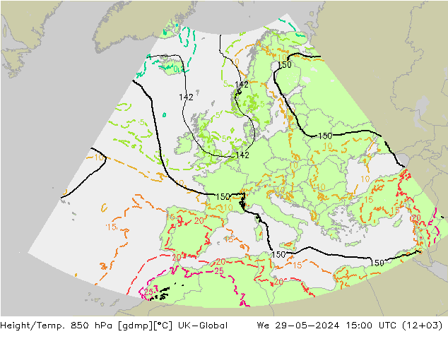 Height/Temp. 850 hPa UK-Global We 29.05.2024 15 UTC