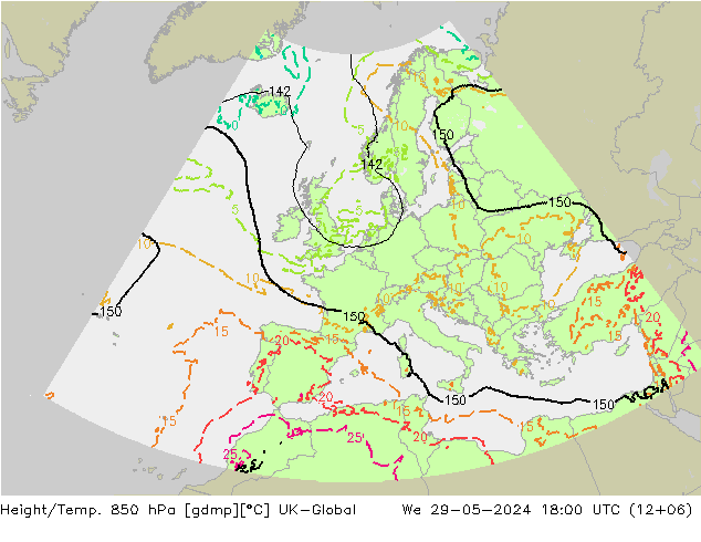 Height/Temp. 850 hPa UK-Global We 29.05.2024 18 UTC