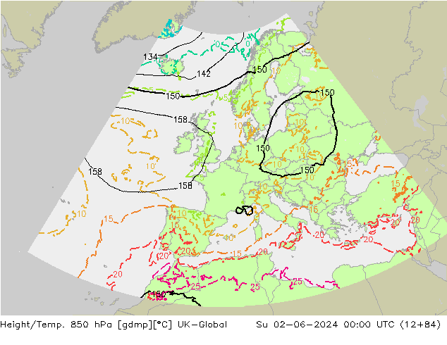 Geop./Temp. 850 hPa UK-Global dom 02.06.2024 00 UTC