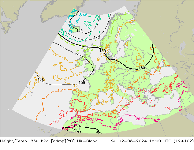 Height/Temp. 850 hPa UK-Global Su 02.06.2024 18 UTC