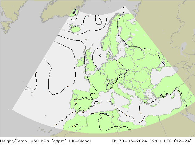 Height/Temp. 950 hPa UK-Global Th 30.05.2024 12 UTC