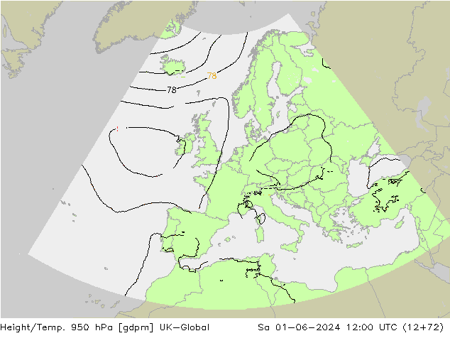 Height/Temp. 950 hPa UK-Global Sáb 01.06.2024 12 UTC
