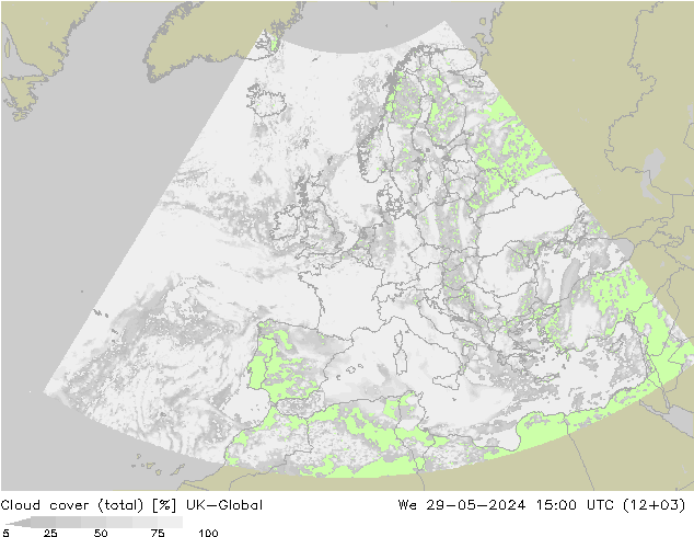 Cloud cover (total) UK-Global We 29.05.2024 15 UTC
