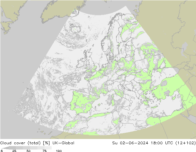 Cloud cover (total) UK-Global Su 02.06.2024 18 UTC