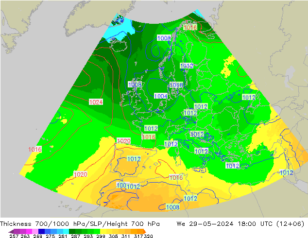 Schichtdicke 700-1000 hPa UK-Global Mi 29.05.2024 18 UTC
